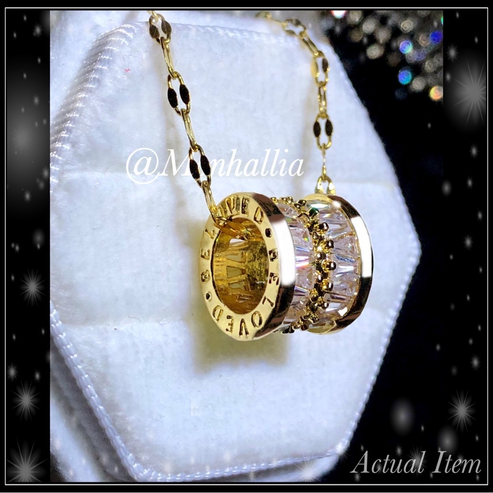 New Gold steel simulated baguette diamond "Beloved" Lucky Wheel Necklace